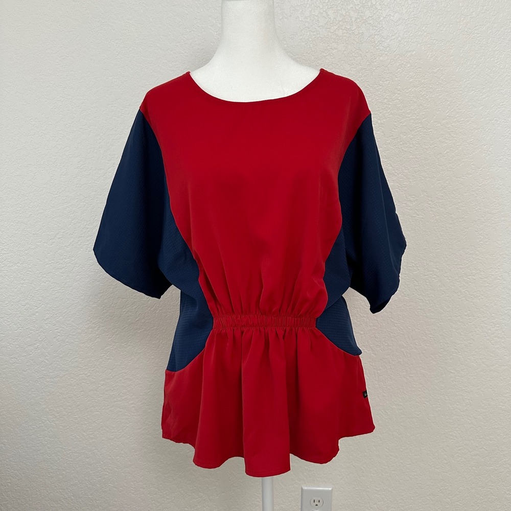 Kamiseta Blouse Women Large Red Navy Blue Colorblock Cinched Waist‎ Short Sleeve